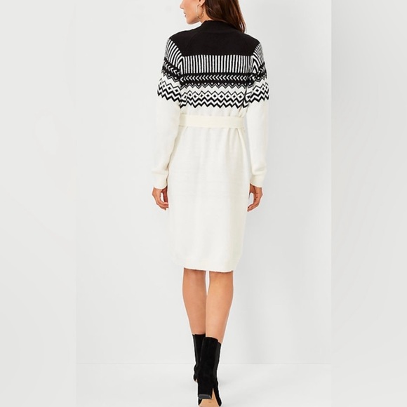 Ann Taylor Fair Isle White and Black Belted Sweater Dress Size L - Picture 2 of 9